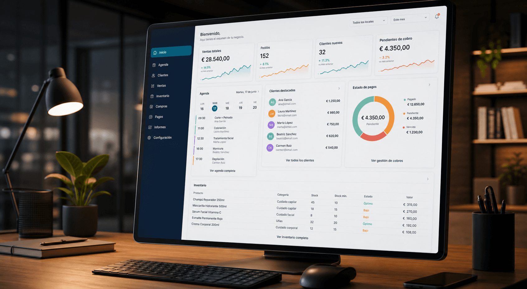 Panel visual de gestion con agenda, clientes y metricas